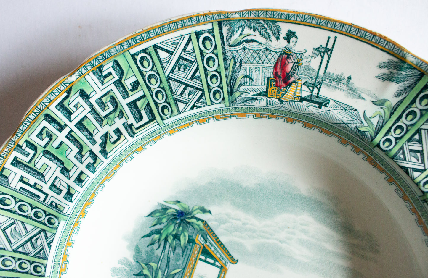 Spode Copeland & Garrett 'New Fayence' Pattern Green and White Transferware Rimmed Soup Plates or Bowls (4)