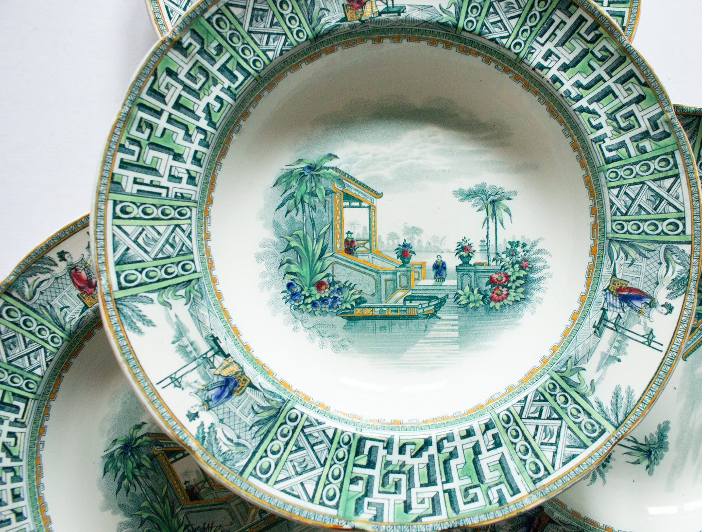 Spode Copeland & Garrett 'New Fayence' Pattern Green and White Transferware Rimmed Soup Plates or Bowls (4)