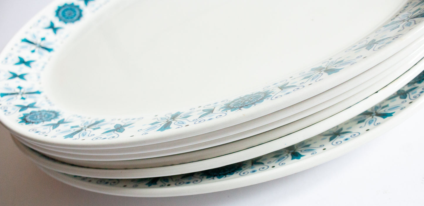 Johnson Bros. Retro Oval Blue and White Dinner Plates (6)