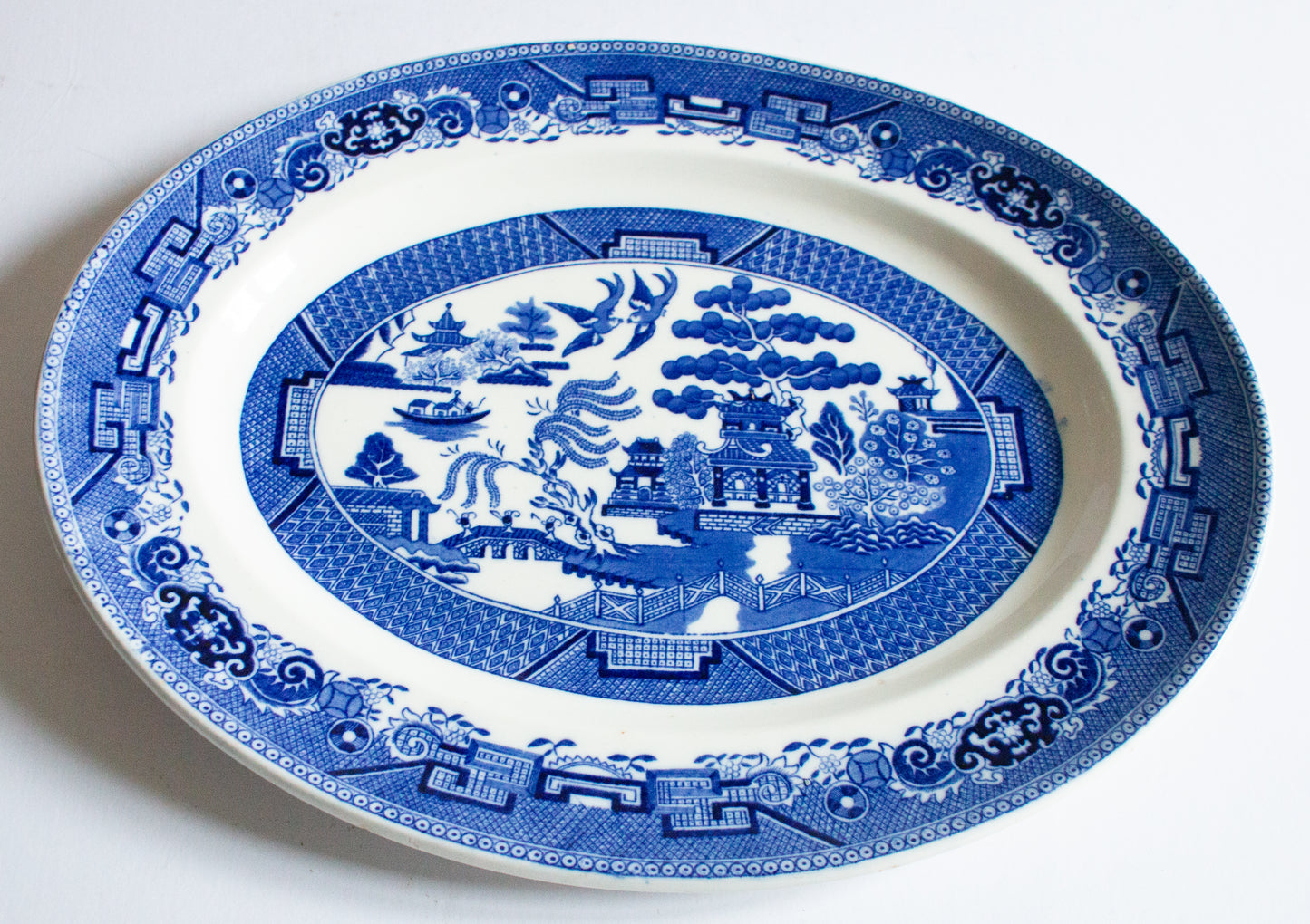 Fenton Victoria Porcelain 'Willow' Pattern Blue and White Transferware Serving Platter