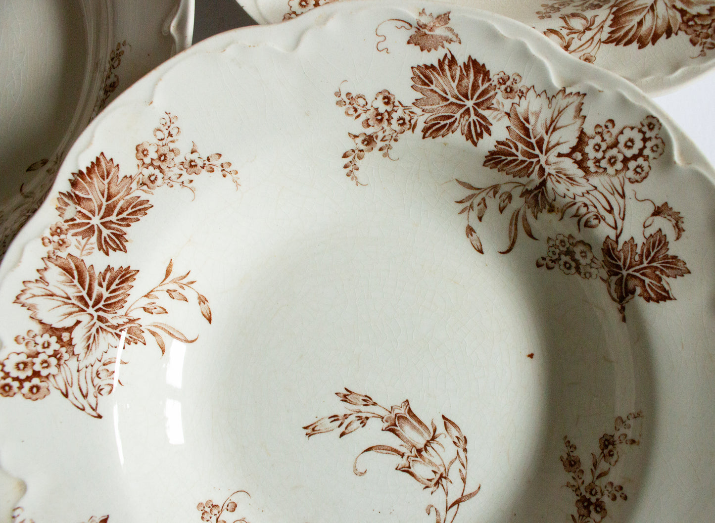 Thomas Hughes & Son England Brown and White Transferware Rimmed Soup Plates or Bowls (3)