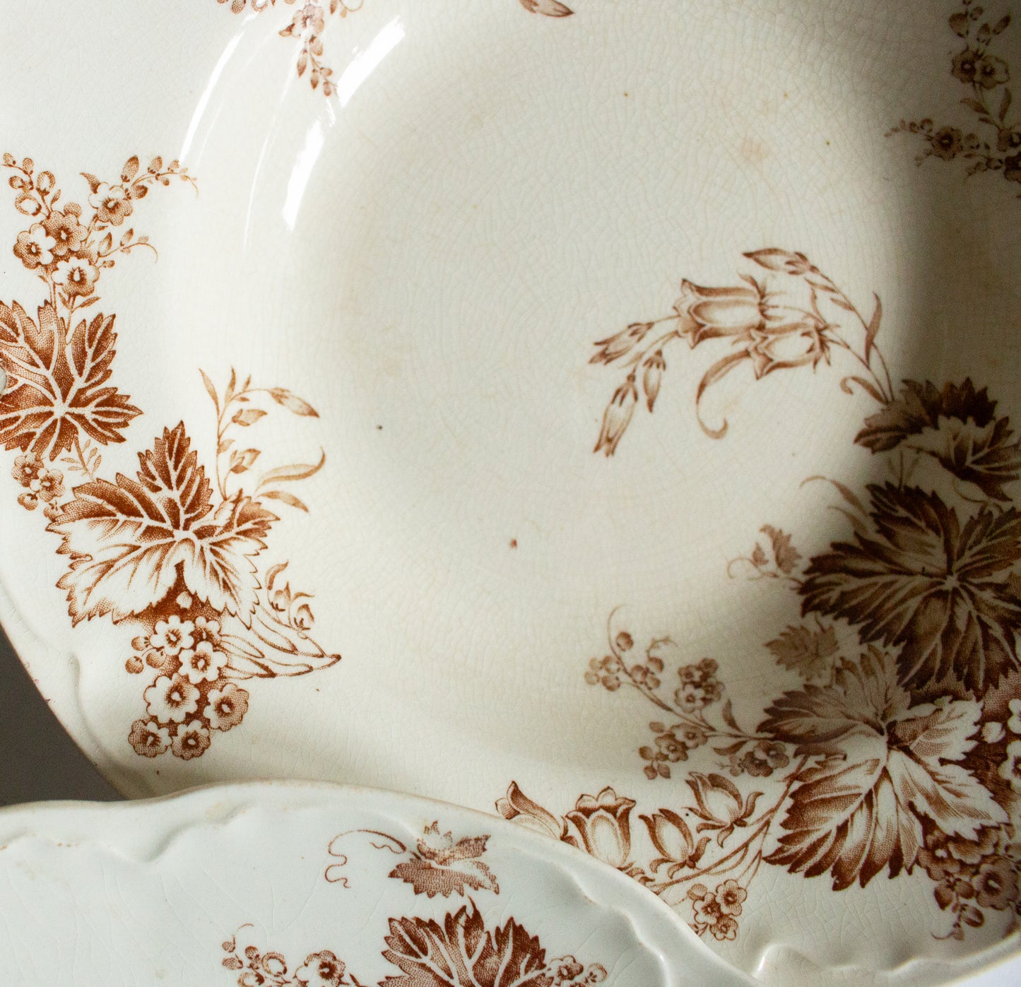 Thomas Hughes & Son England Brown and White Transferware Rimmed Soup Plates or Bowls (3)