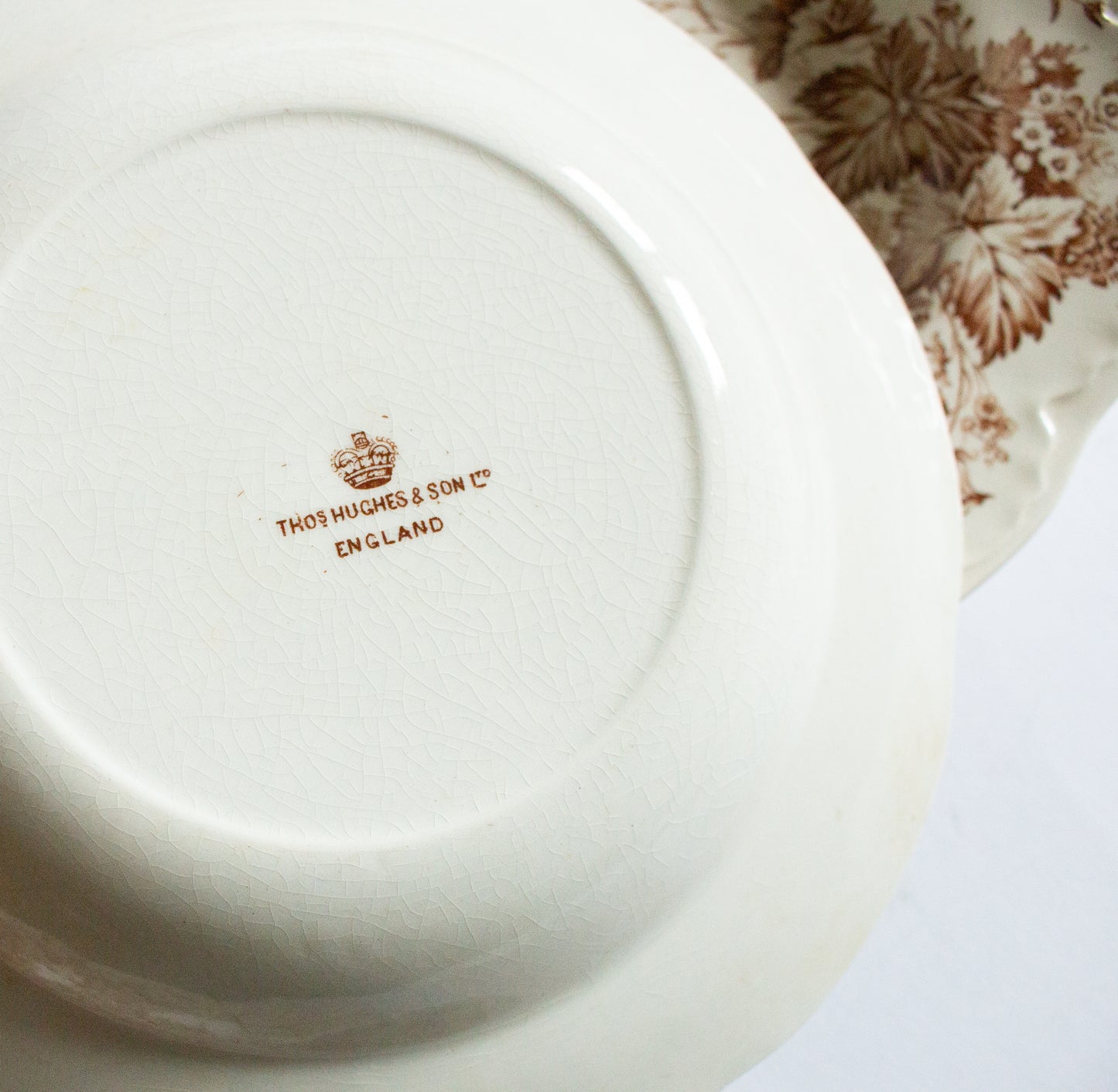 Thomas Hughes & Son England Brown and White Transferware Rimmed Soup Plates or Bowls (3)