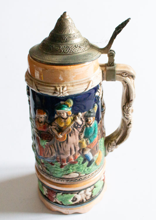 Musical Mid Century German Beer Stein Tankard with Pewter Lid