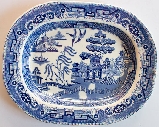 Antique 'Willow' Pattern Blue and White Transferware Serving Platter