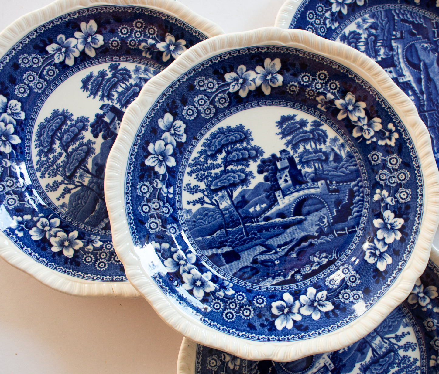 Spode's 'Tower' Pattern Blue and White Transferware 7.5" Plates (4)