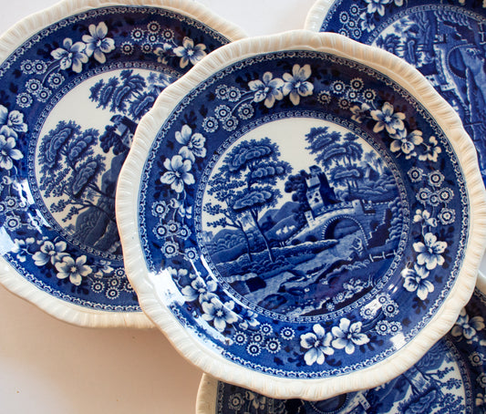 Spode's 'Tower' Pattern Blue and White Transferware 7.5" Plates (4)