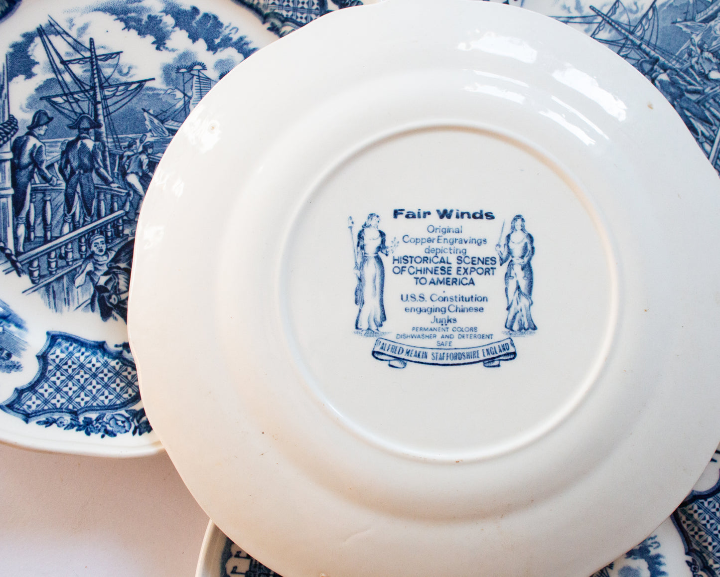 Alfred Meakin 'Fair Winds' Blue and White Transferware 7" Side Plates (4)