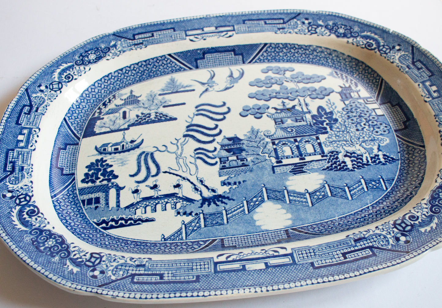 Antique 'Willow' Pattern Blue and White Transferware Serving Platter