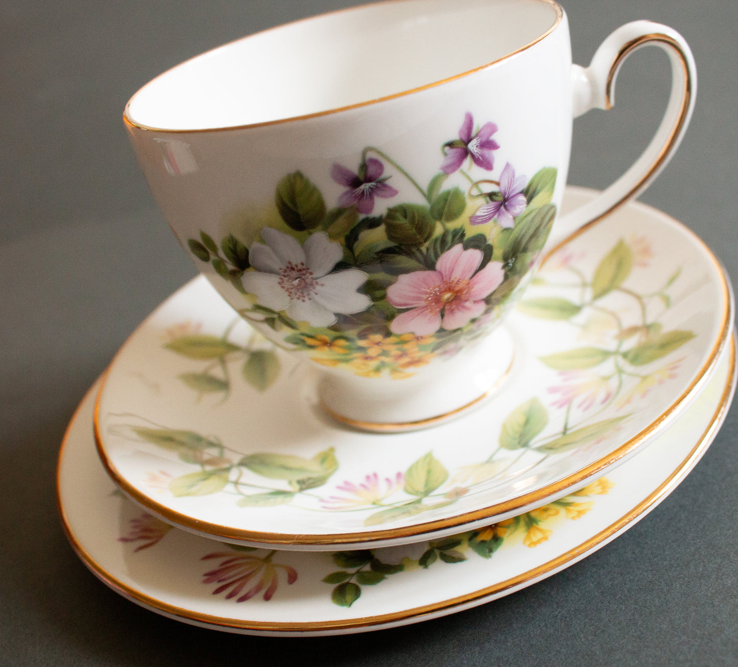 Royal Grafton Fine Bone China 'Country Flowers' Pattern Floral Teacup Trio