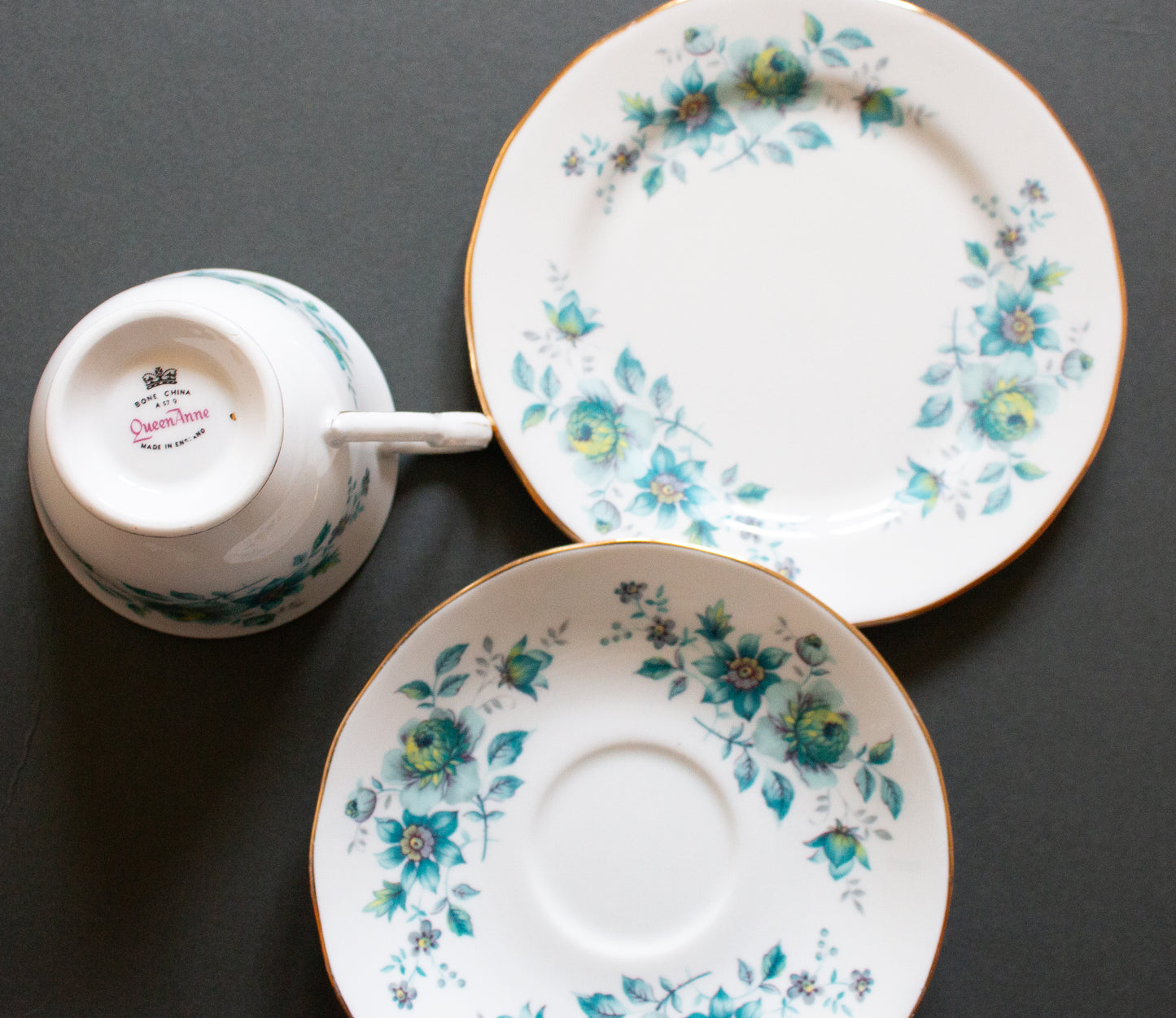 Queen Anne Bone China Blue Floral Teacup Trio