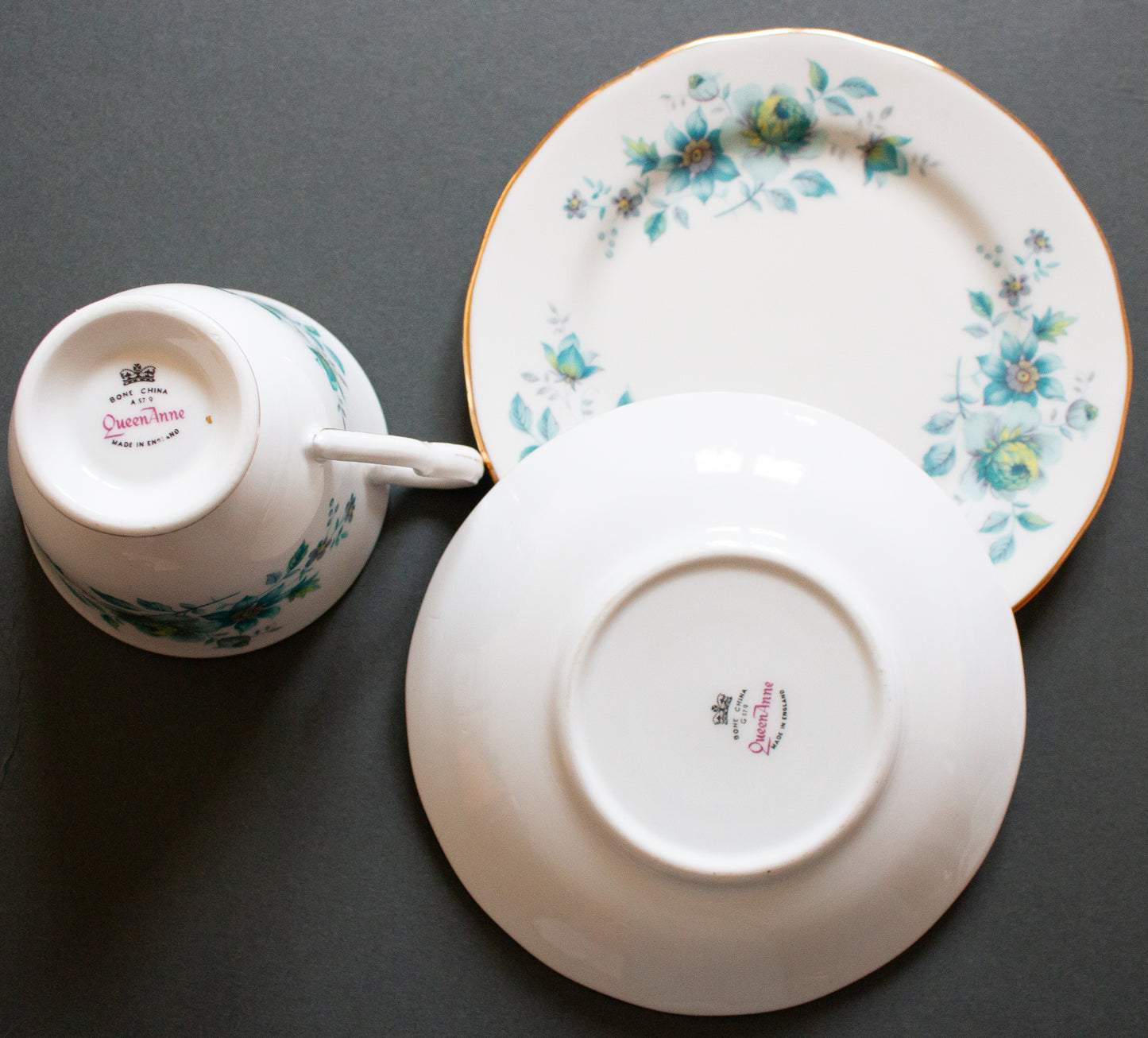 Queen Anne Bone China Blue Floral Teacup Trio