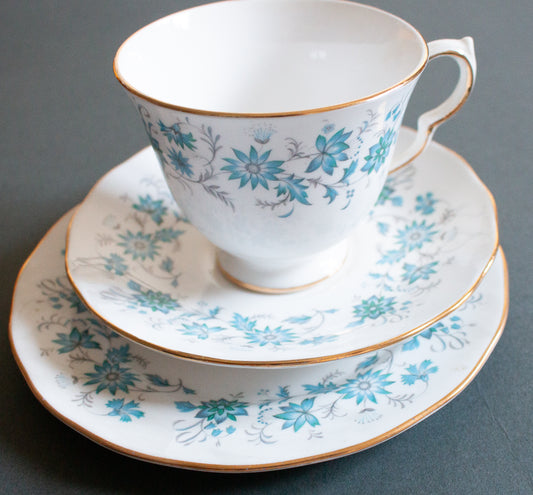 RoColclough Bone China Blue Floral Teacup Trio