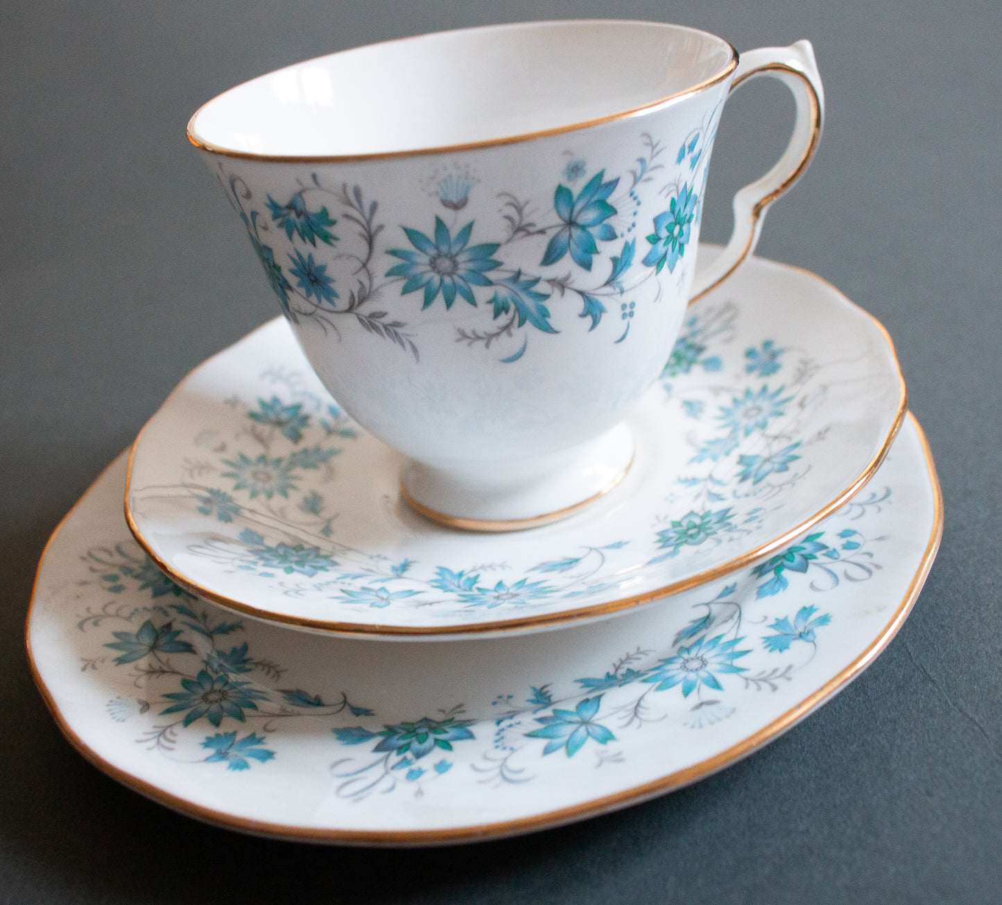 RoColclough Bone China Blue Floral Teacup Trio