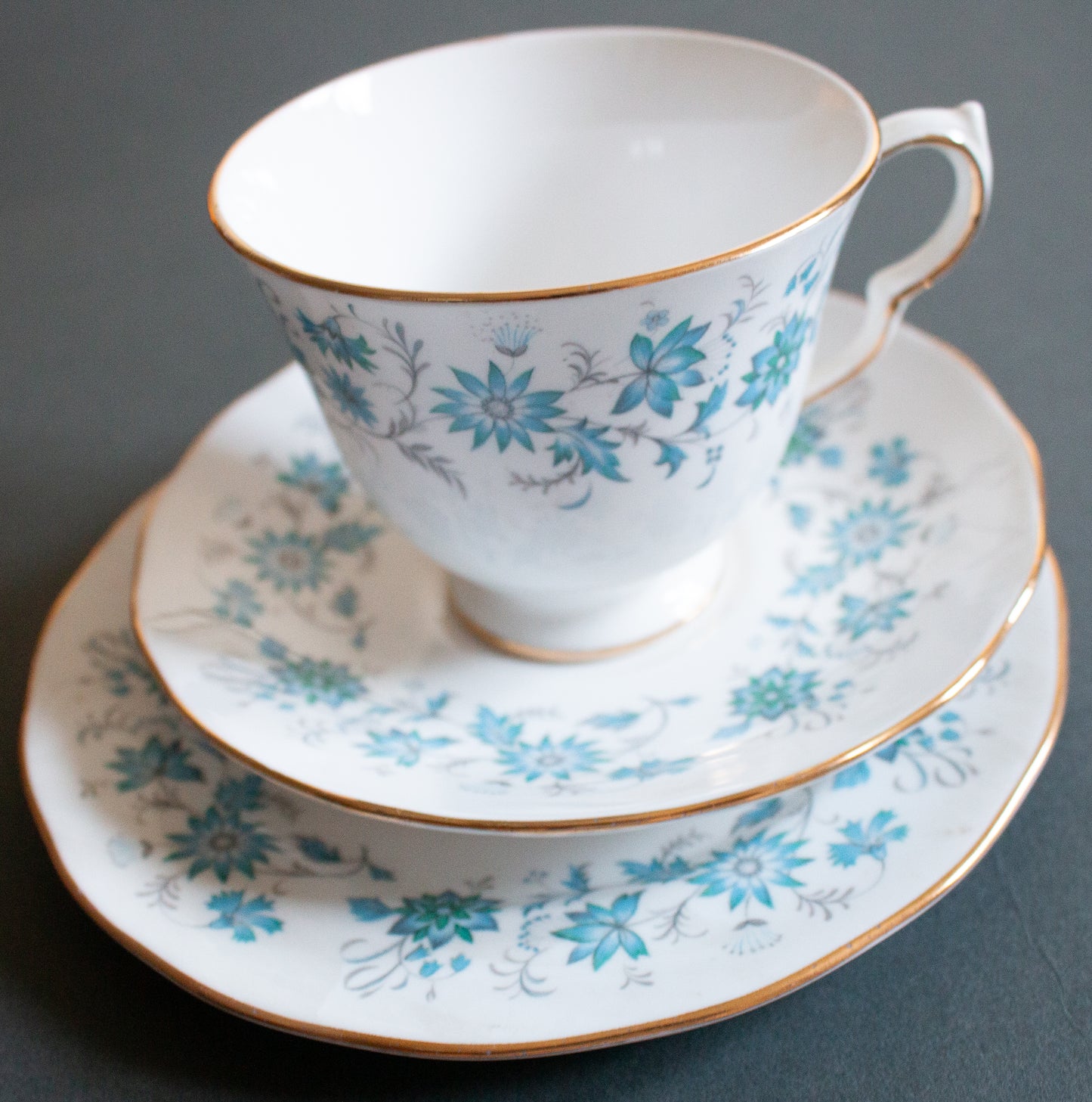 RoColclough Bone China Blue Floral Teacup Trio