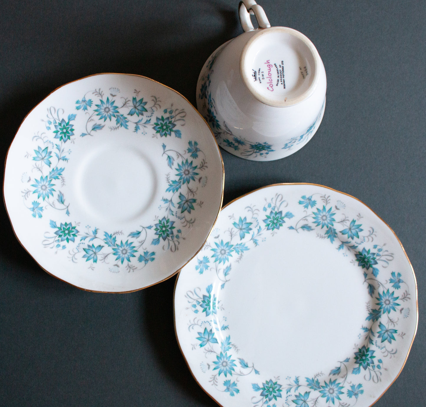 RoColclough Bone China Blue Floral Teacup Trio