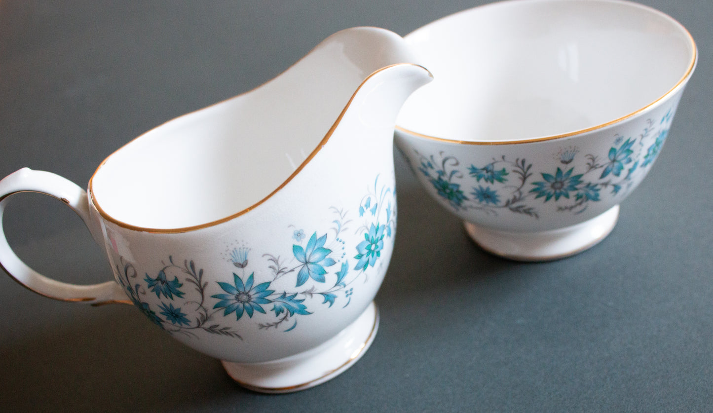 Colclough Bone China Blue and White Sugar Bowl and Creamer Set