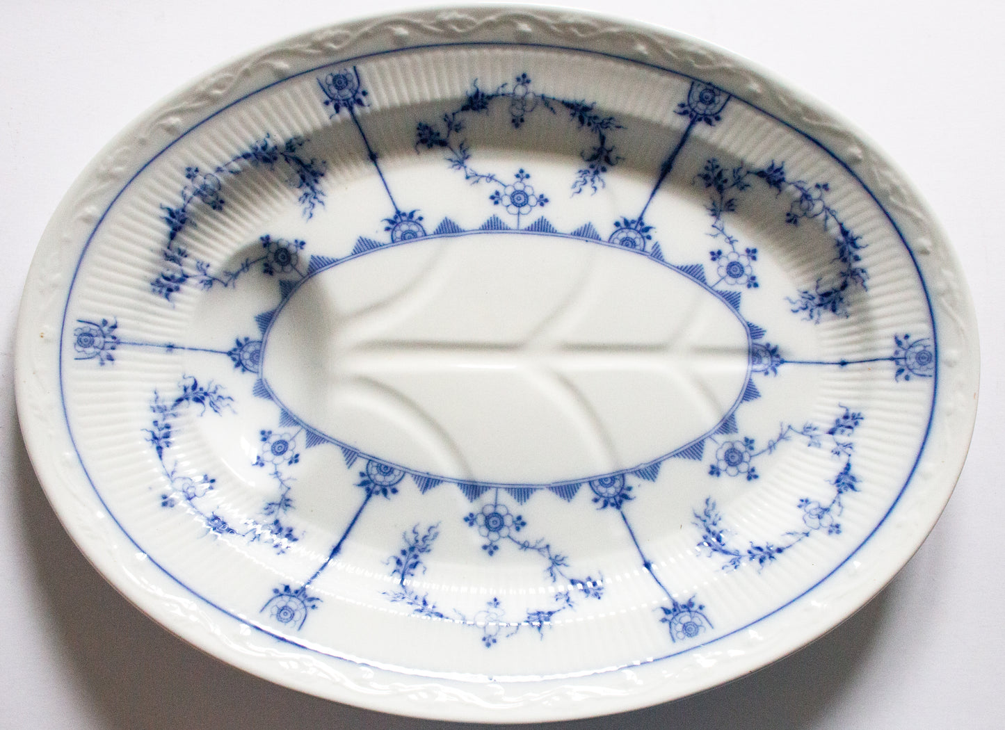 Furnivals 'Denmark' Pattern Blue and White Transferware Large Serving Platter with Gravy Well