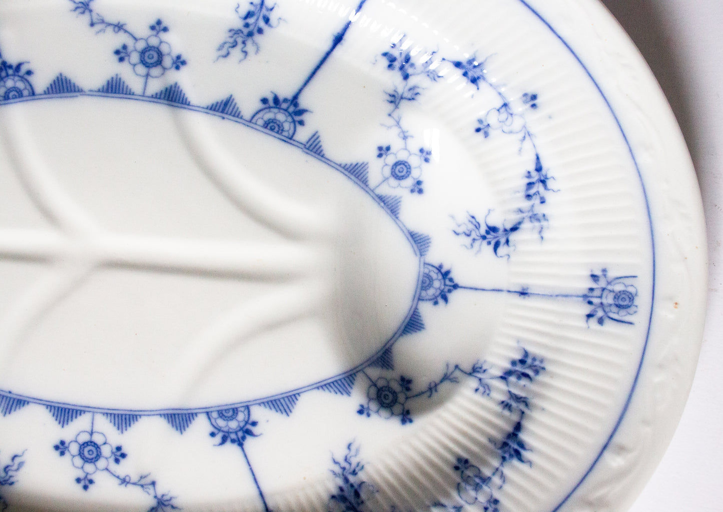 Furnivals 'Denmark' Pattern Blue and White Transferware Large Serving Platter with Gravy Well