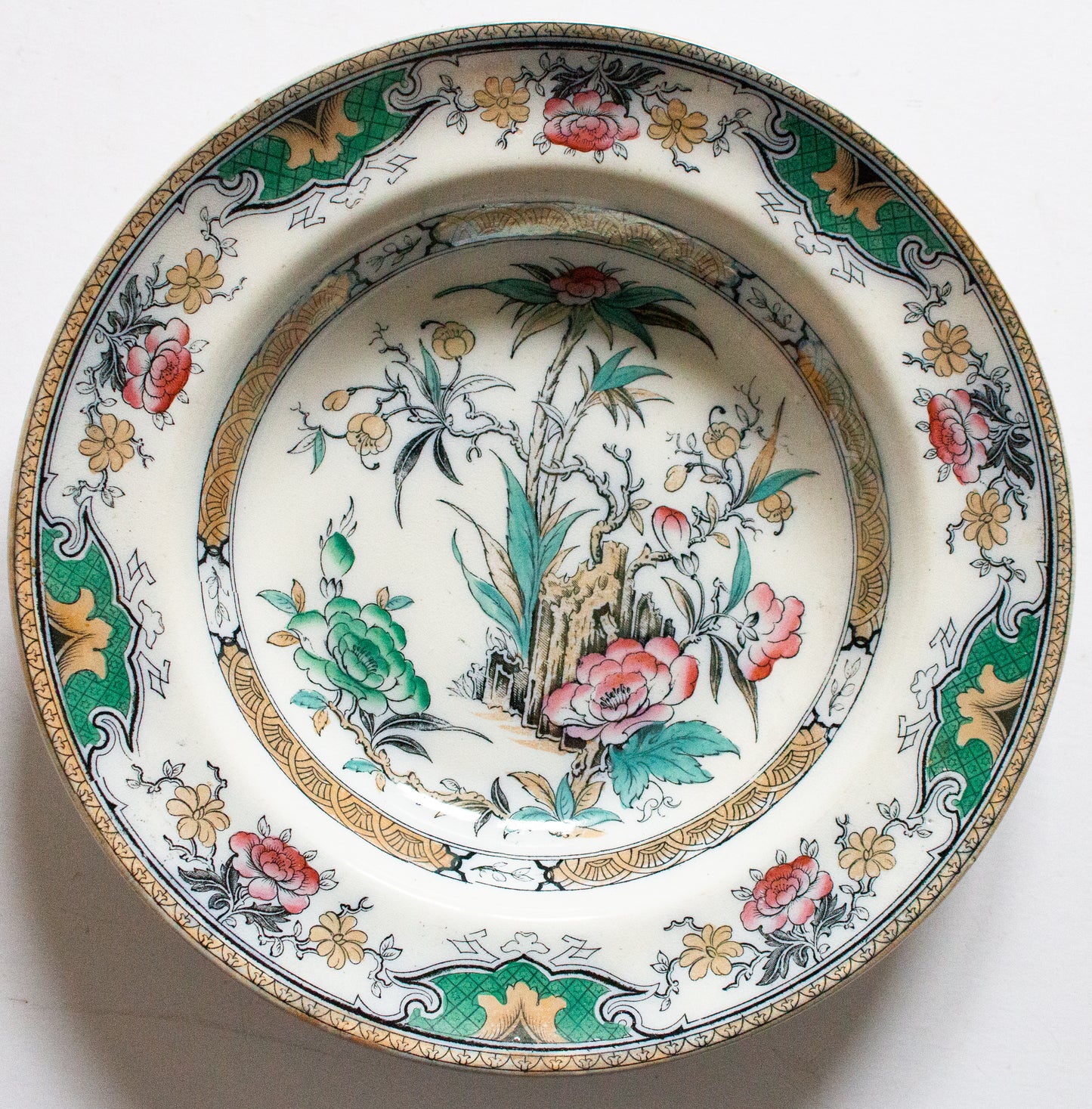 Antique Oriental Floral Pattern Rimmed Soup Bowl