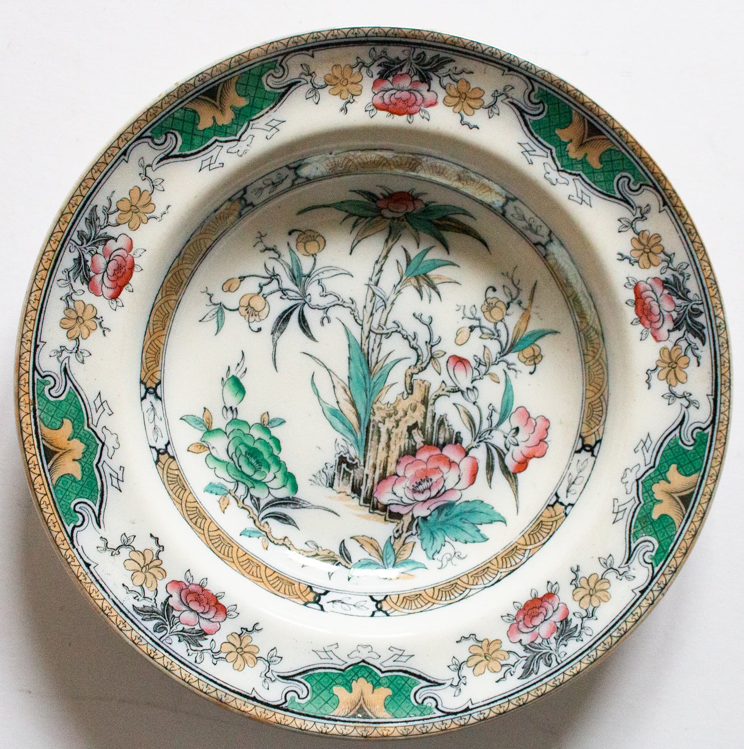 Antique Oriental Floral Pattern Rimmed Soup Bowl