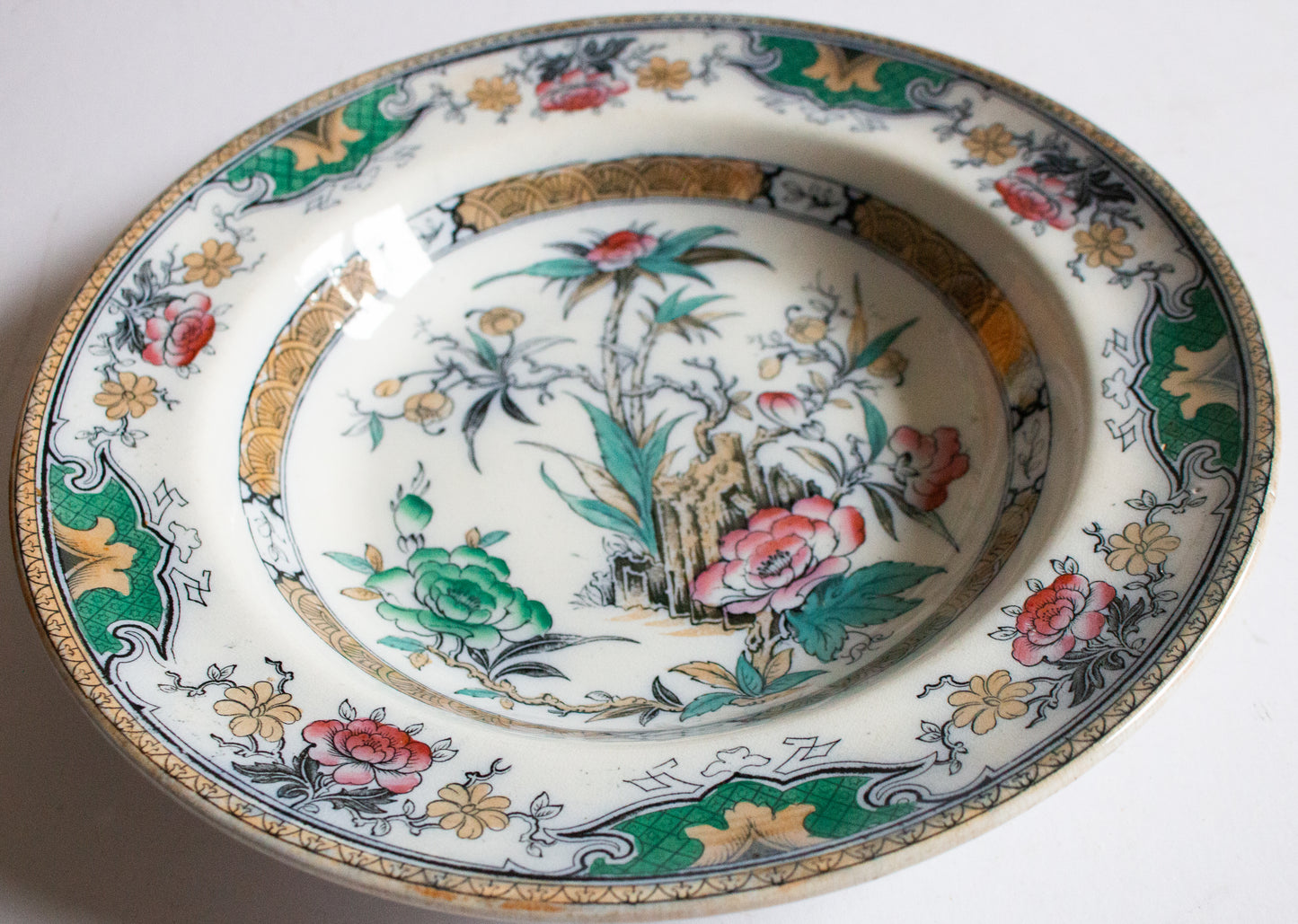 Antique Oriental Floral Pattern Rimmed Soup Bowl