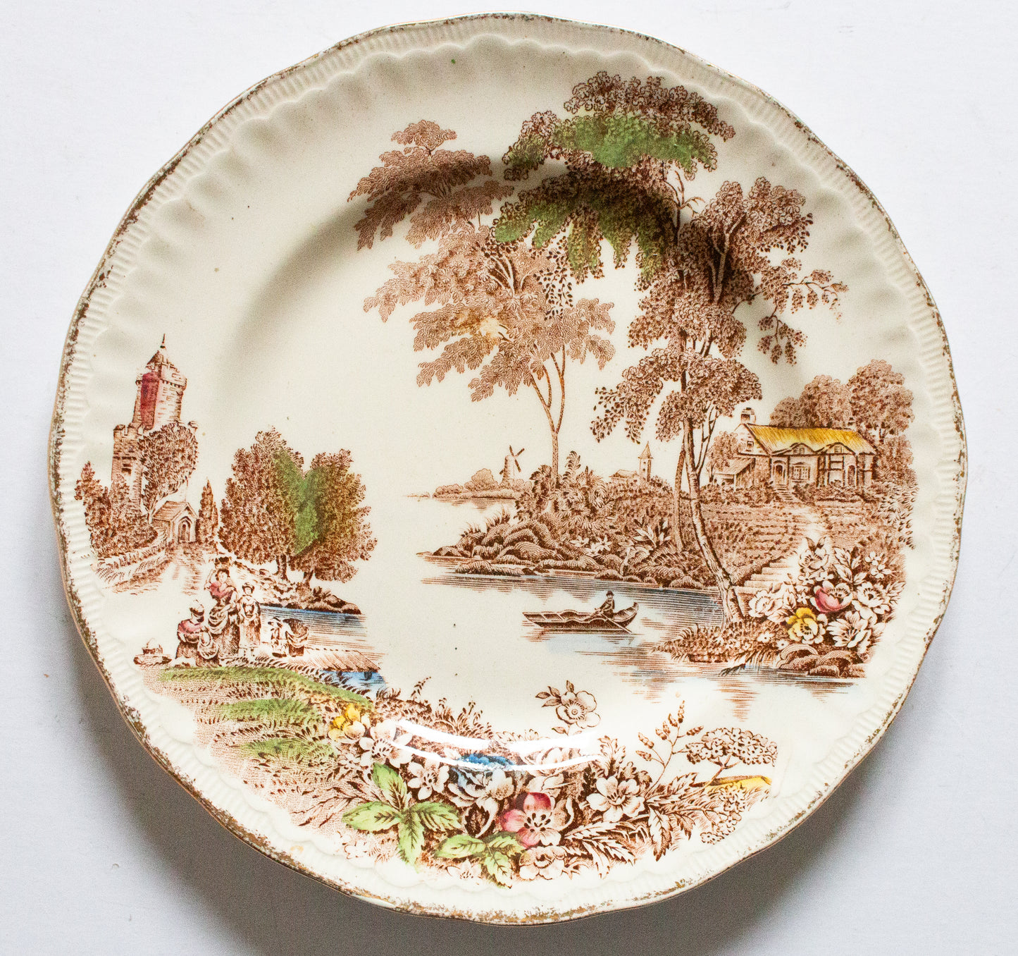 Vintage Swinnertons 'The Ferry' Pattern Brown Transferwarwe 10" Plate