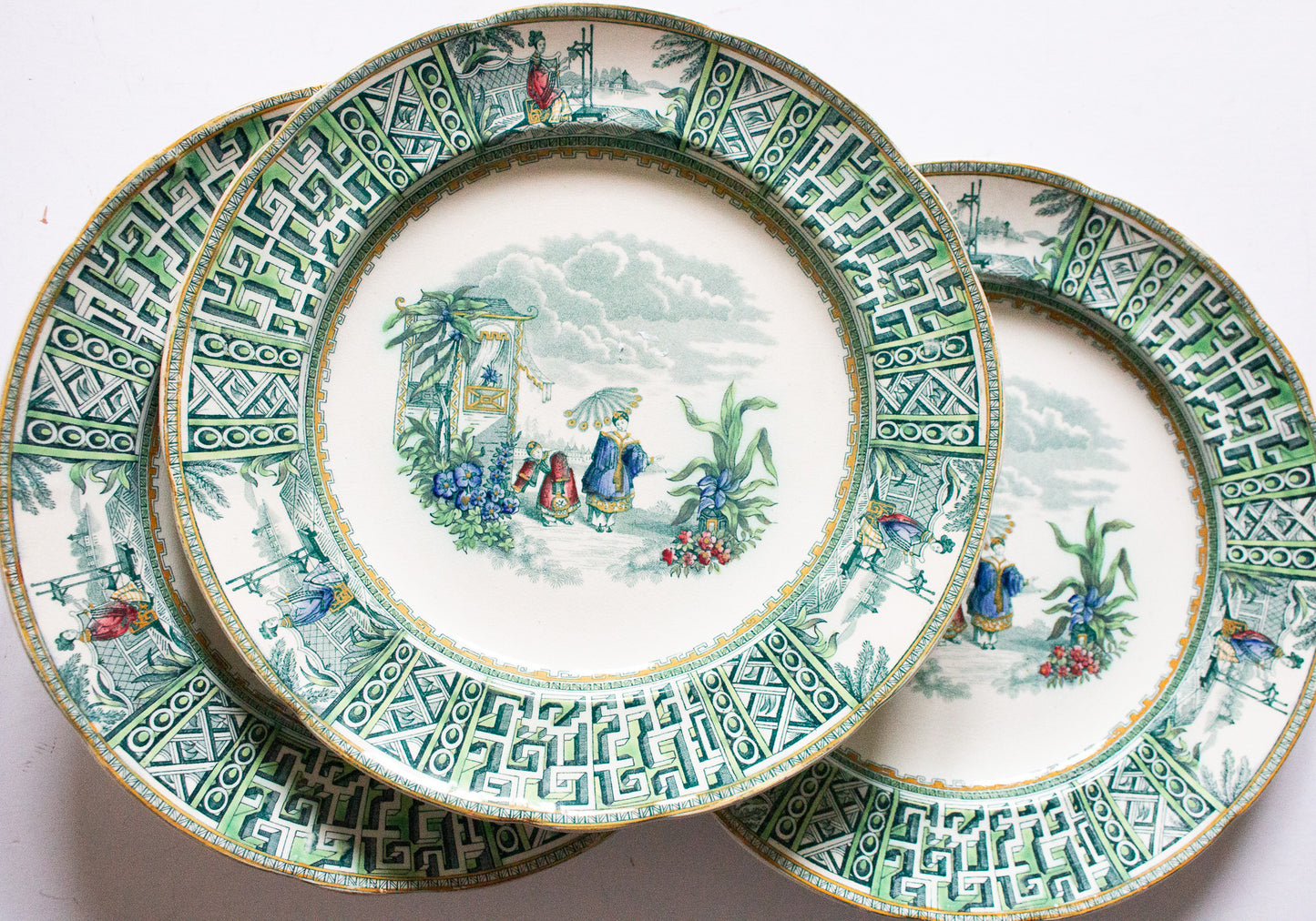 Spode Copeland & Garrett 'New Fayence' Pattern Green and White Transferware 10" Plates (3)