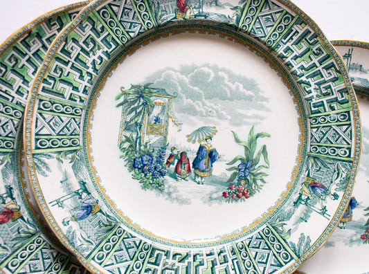 Spode Copeland & Garrett 'New Fayence' Pattern Green and White Transferware 10" Plates (3)