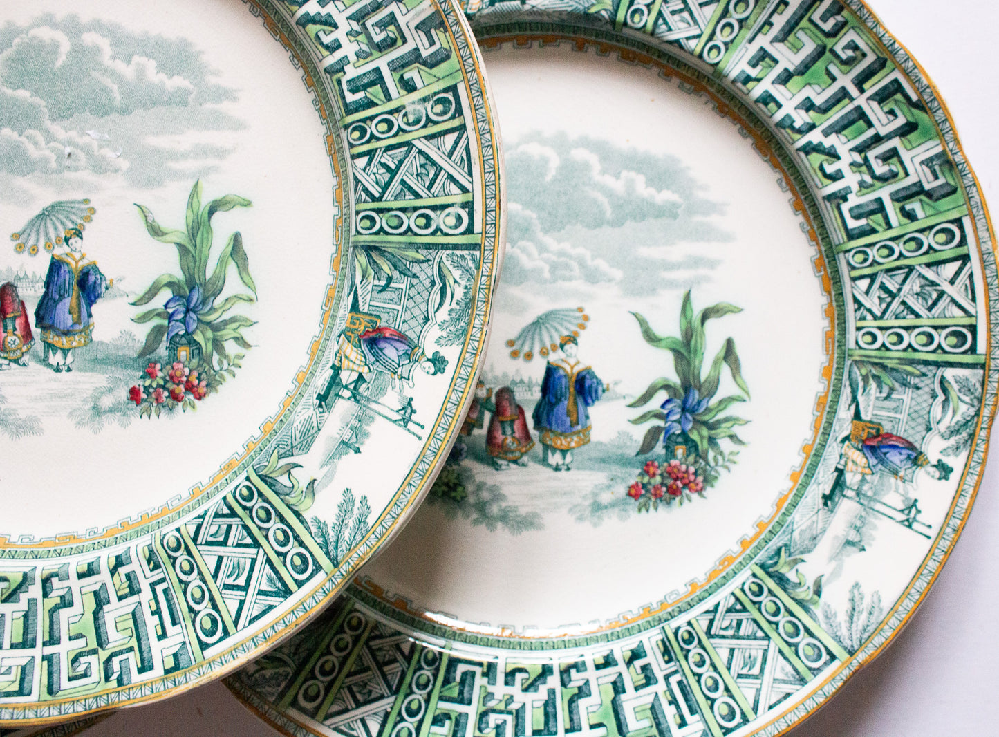 Spode Copeland & Garrett 'New Fayence' Pattern Green and White Transferware 10" Plates (3)