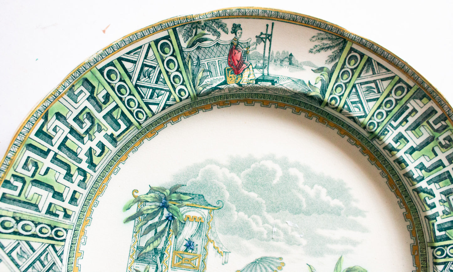 Spode Copeland & Garrett 'New Fayence' Pattern Green and White Transferware 10" Plates (3)