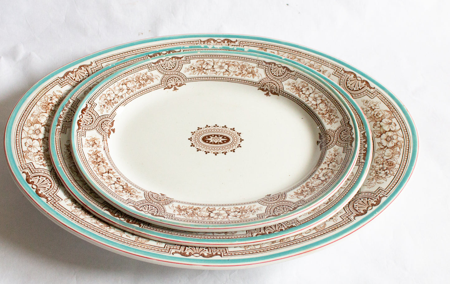 Antique Ashworth Bros. 'Lucerne' Brown and White Transferware Graduated Serving Platters (3)