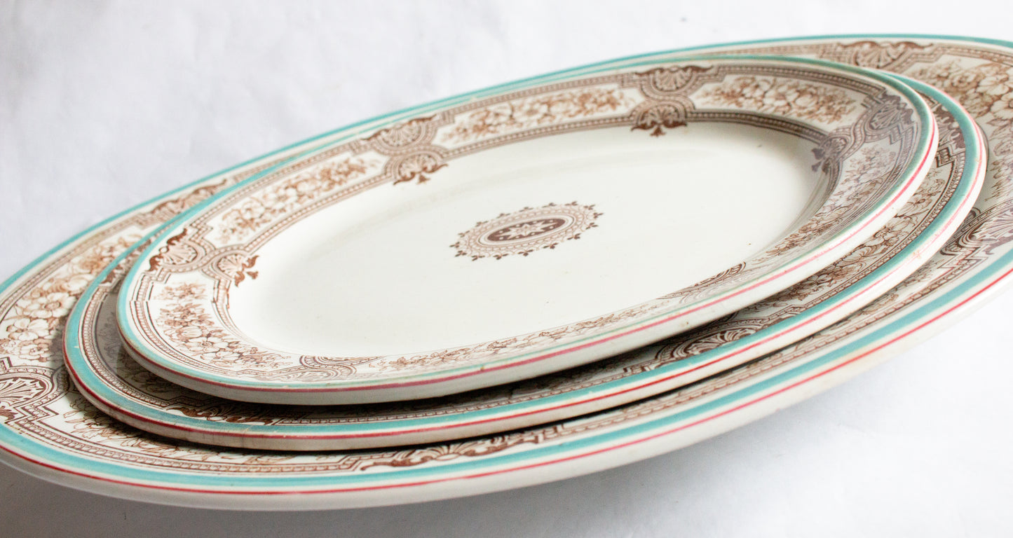 Antique Ashworth Bros. 'Lucerne' Brown and White Transferware Graduated Serving Platters (3)