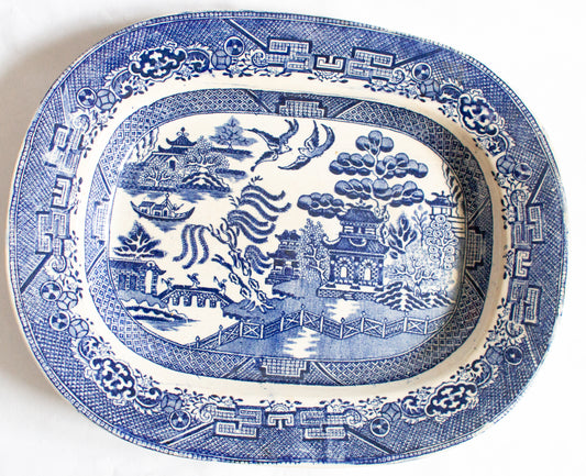 Antique J.B. & Sons 'White Block' Willow Pattern Blue and White Transferware Serving Platter