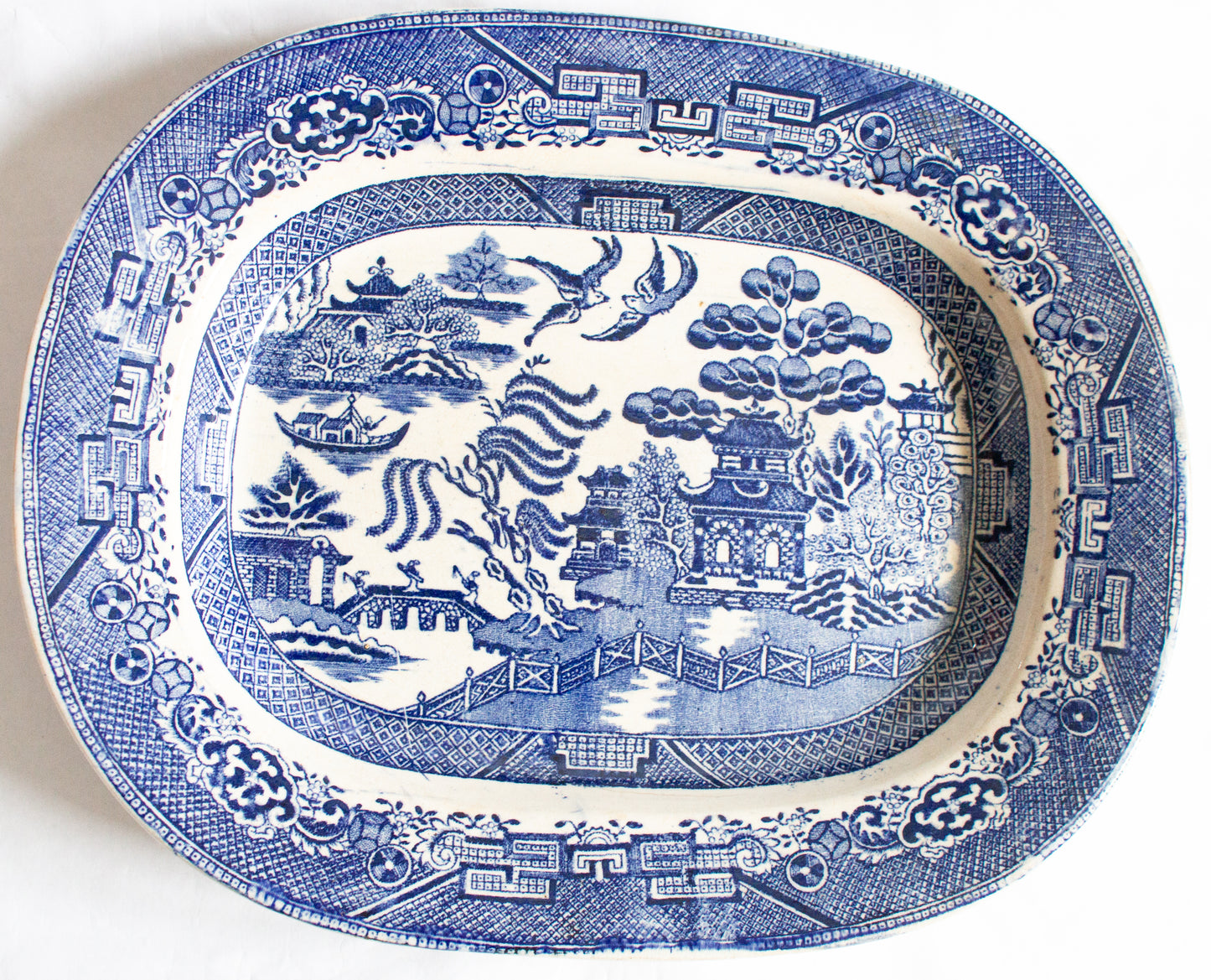 Antique J.B. & Sons 'White Block' Willow Pattern Blue and White Transferware Serving Platter