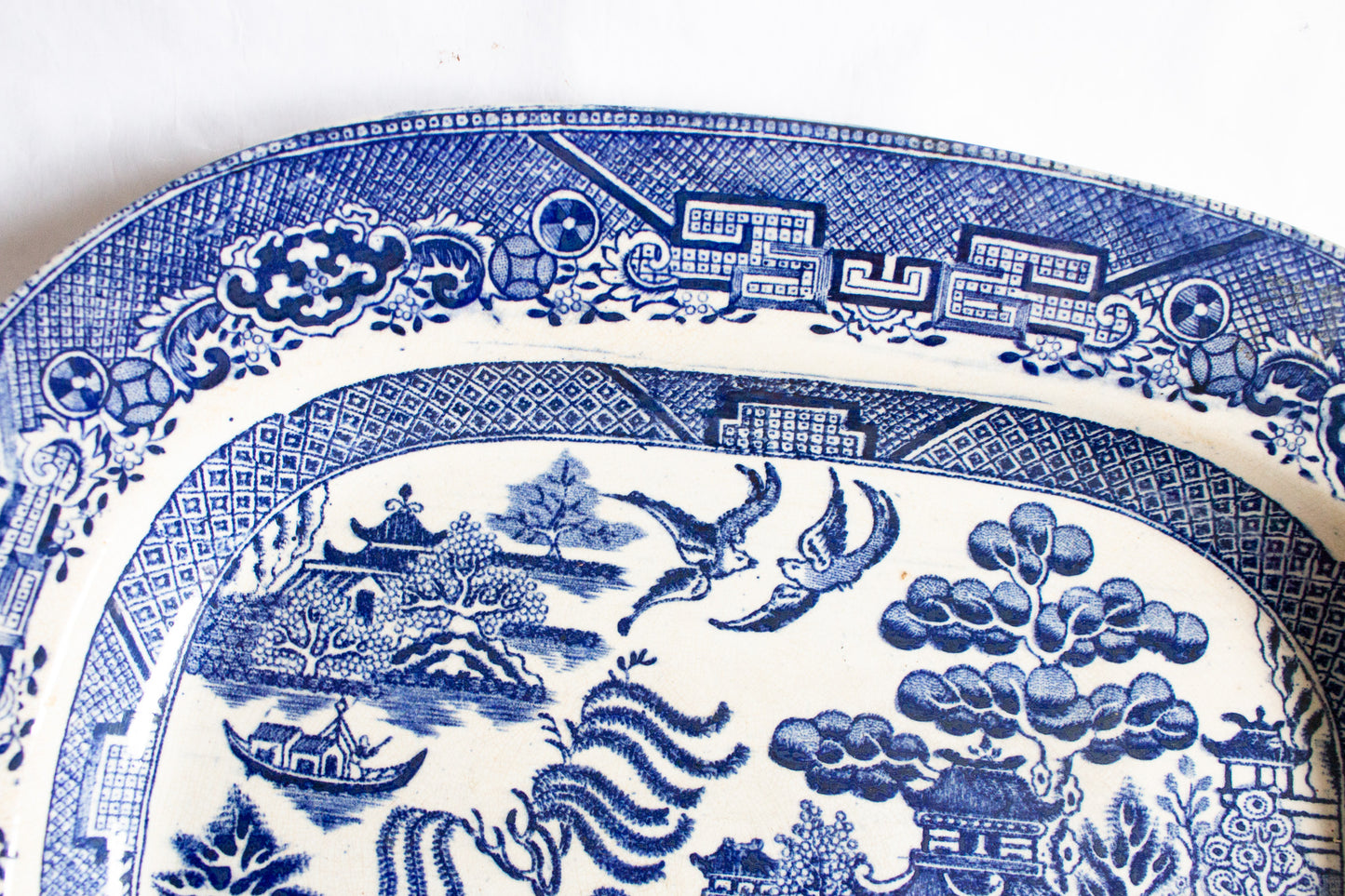 Antique J.B. & Sons 'White Block' Willow Pattern Blue and White Transferware Serving Platter