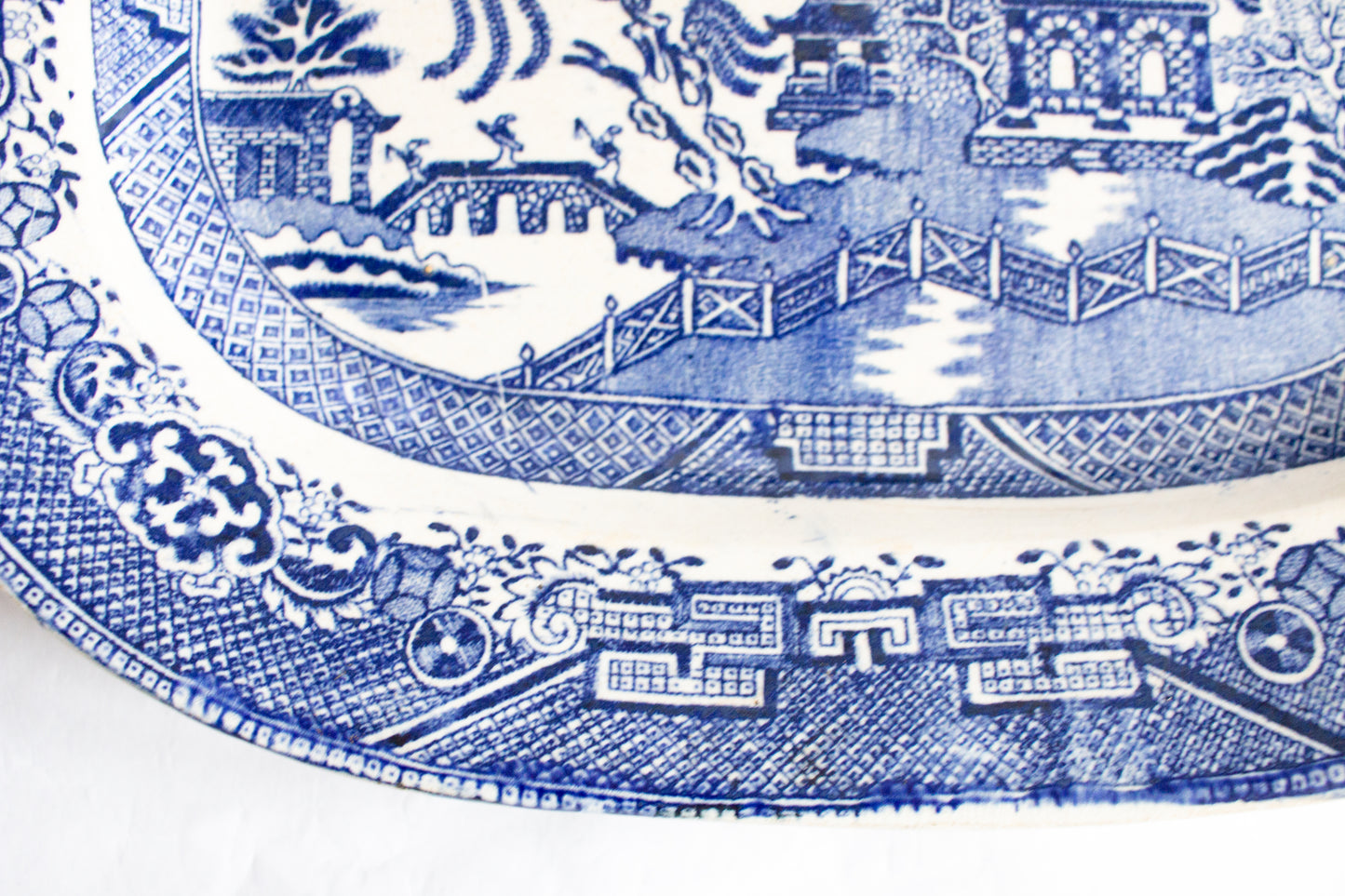 Antique J.B. & Sons 'White Block' Willow Pattern Blue and White Transferware Serving Platter