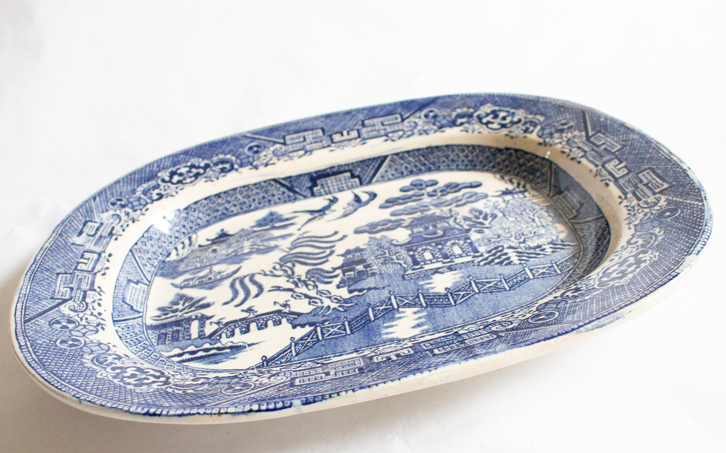 Antique J.B. & Sons 'White Block' Willow Pattern Blue and White Transferware Serving Platter