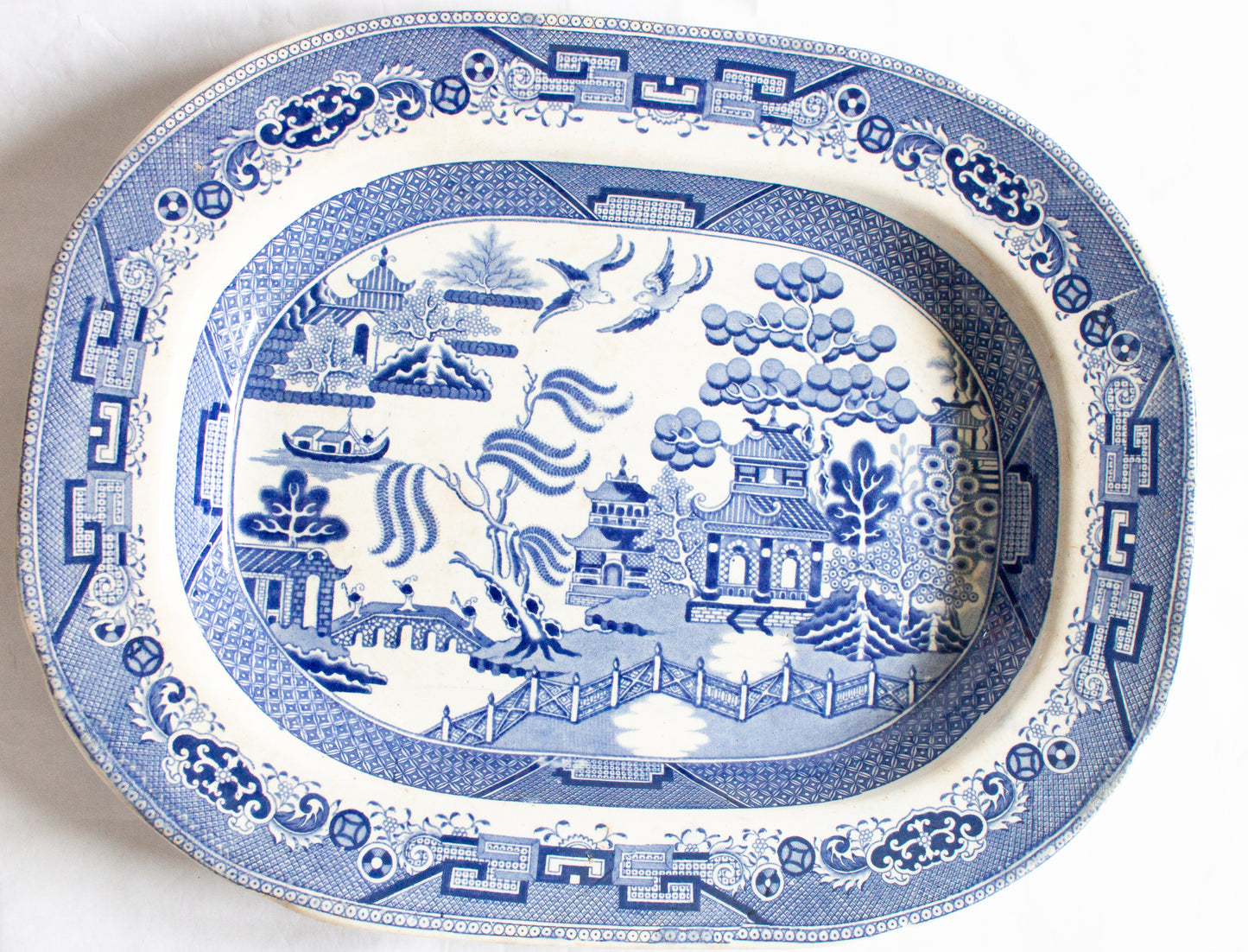 Antique Willow Pattern Blue and White Transferware Serving Platter