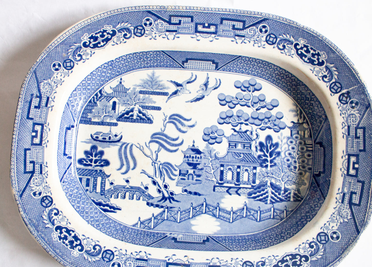 Antique Willow Pattern Blue and White Transferware Serving Platter