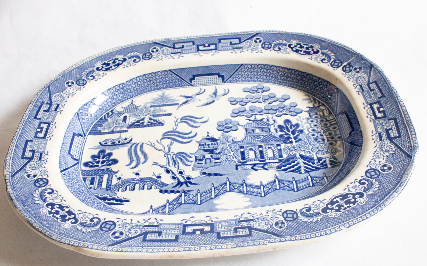 Antique Willow Pattern Blue and White Transferware Serving Platter