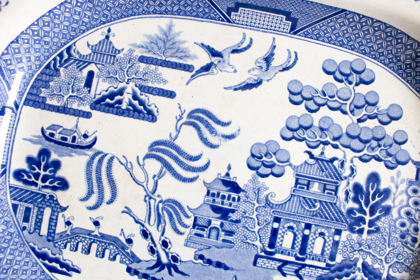 Antique Willow Pattern Blue and White Transferware Serving Platter