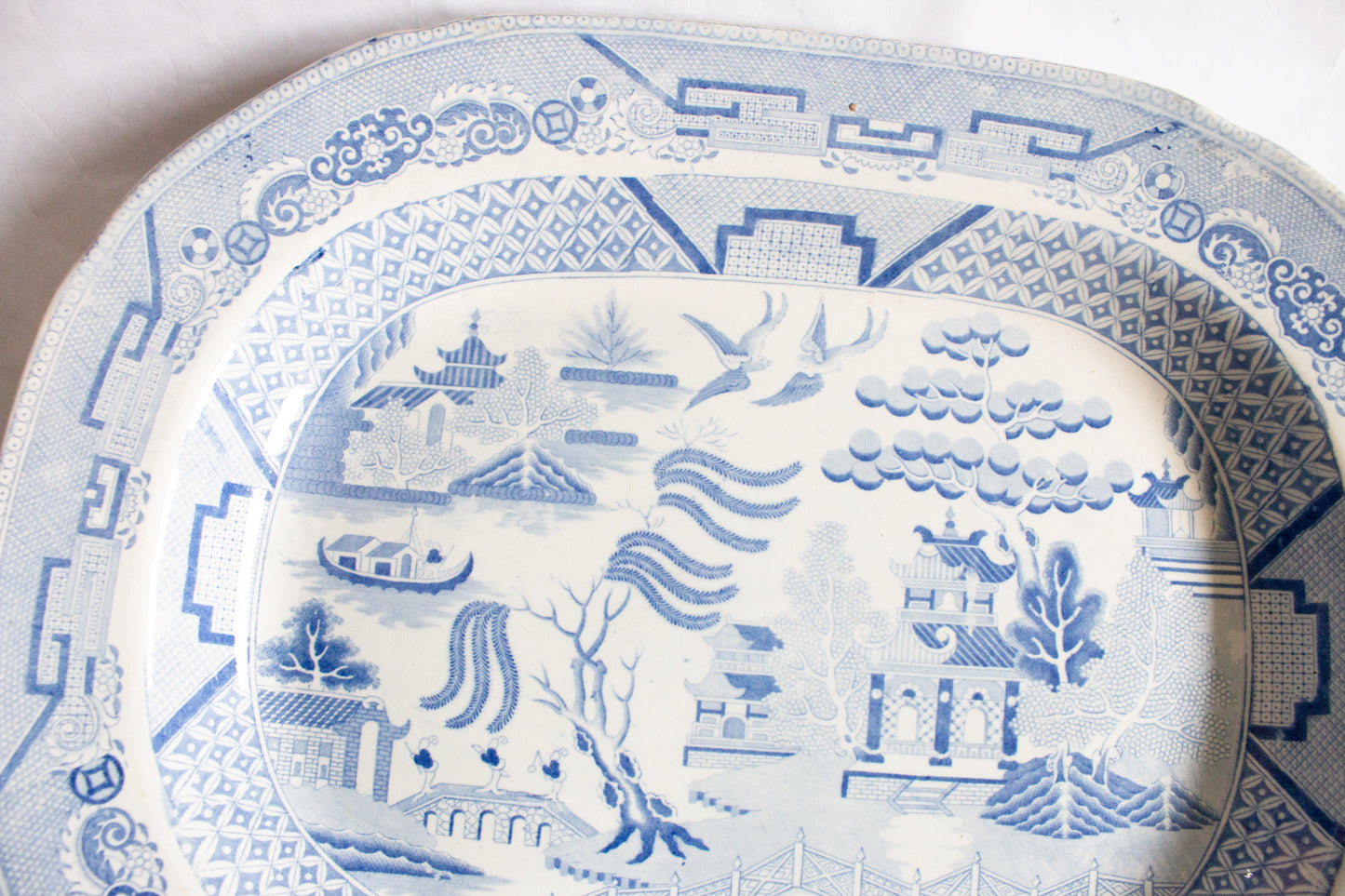 Large Antique 'Willow' Pattern Blue and White Transferware Serving Platter