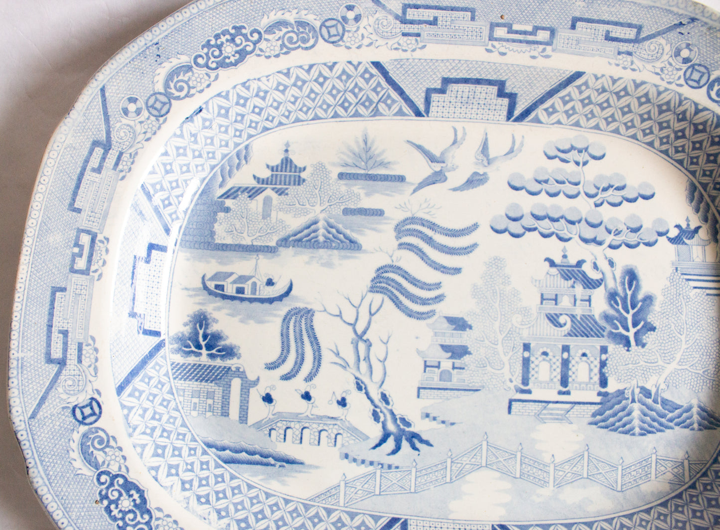 Large Antique 'Willow' Pattern Blue and White Transferware Serving Platter