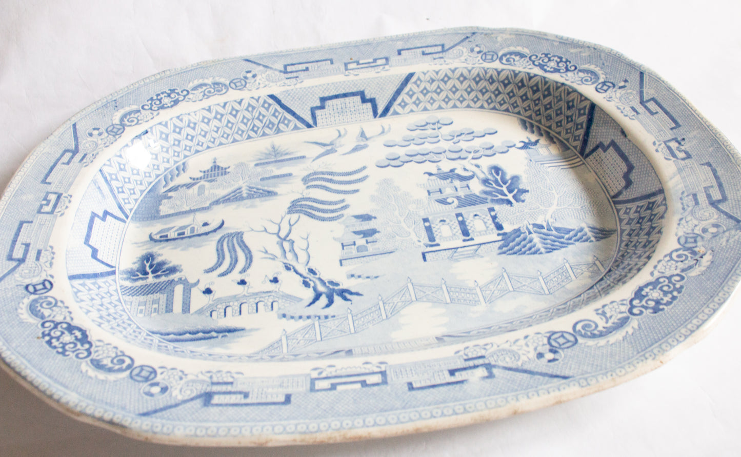 Large Antique 'Willow' Pattern Blue and White Transferware Serving Platter