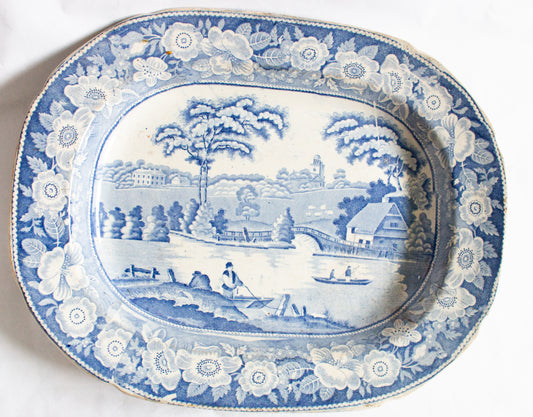 Large Antique 'Fisherman' Pattern Blue and White Transferware Serving Platter