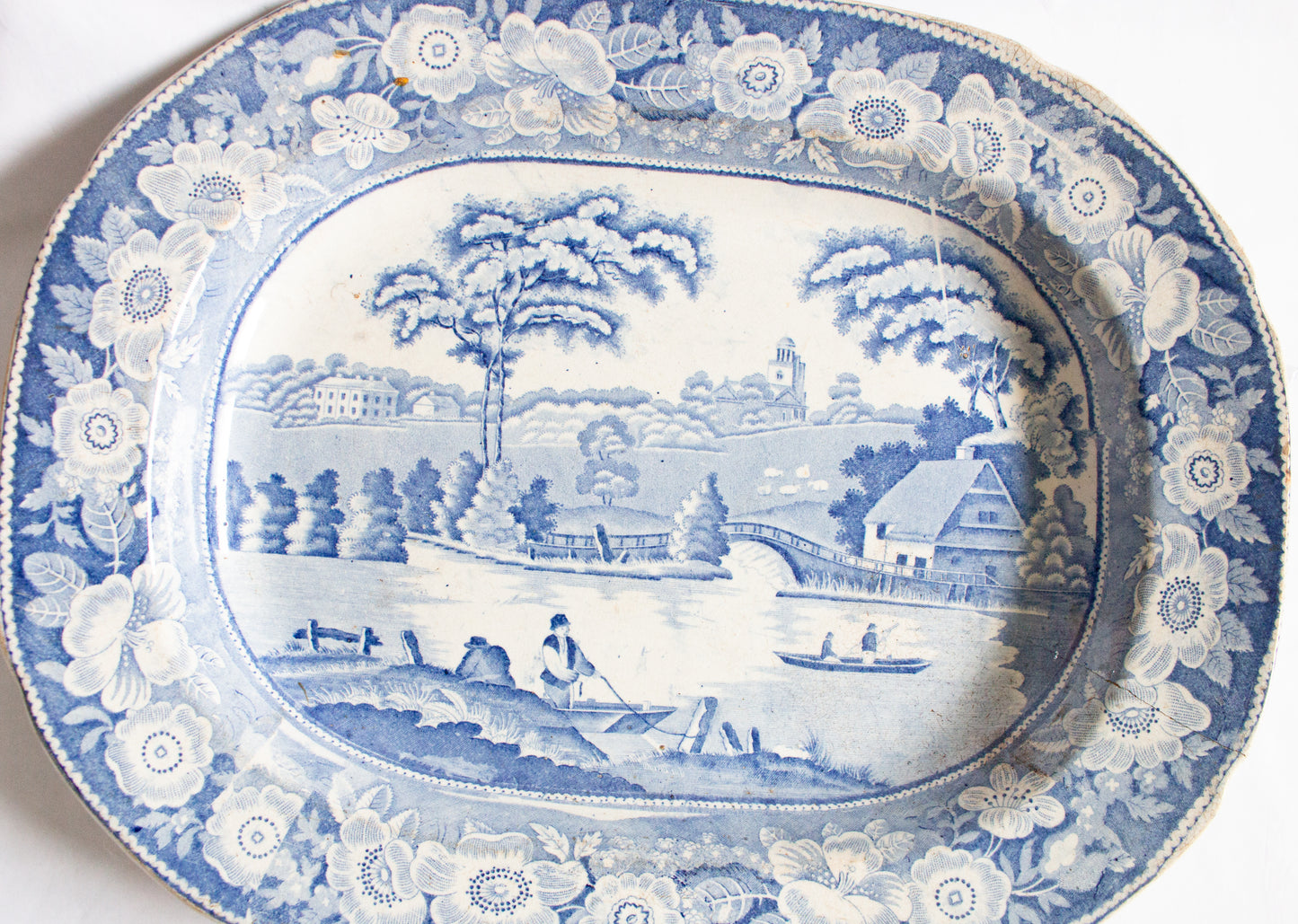 Large Antique 'Fisherman' Pattern Blue and White Transferware Serving Platter