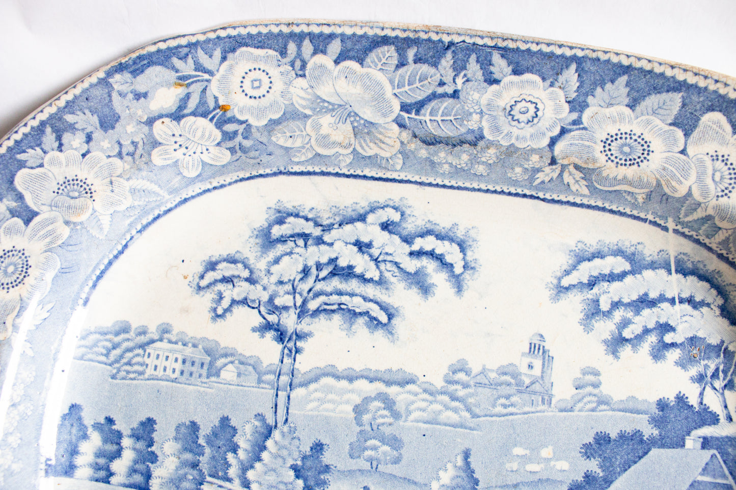 Large Antique 'Fisherman' Pattern Blue and White Transferware Serving Platter