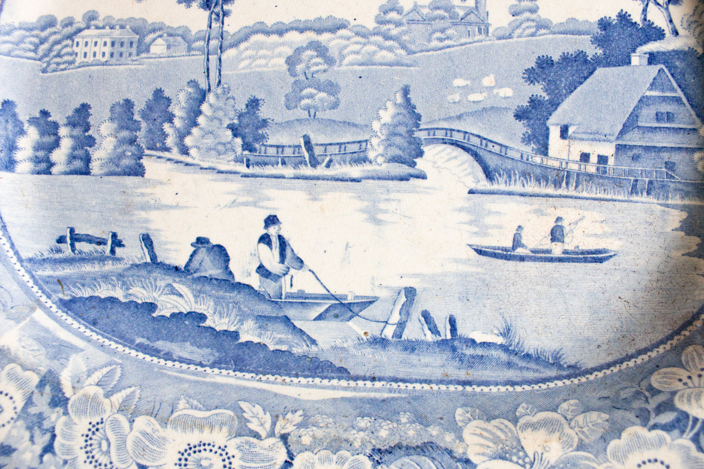 Large Antique 'Fisherman' Pattern Blue and White Transferware Serving Platter