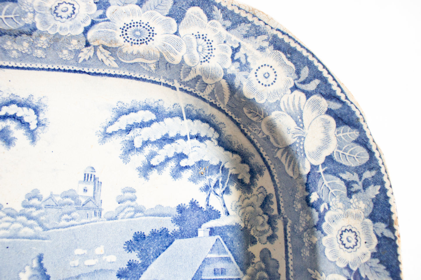 Large Antique 'Fisherman' Pattern Blue and White Transferware Serving Platter